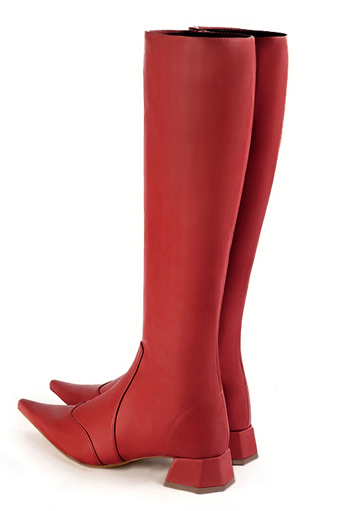 Scarlet red women's feminine knee-high boots. Pointed toe. Low flare heels. Made to measure. Rear view - Florence KOOIJMAN